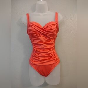Liz Claiborne Coral Pink Ruched One-Piece Swimsuit - Size 8 - Sweetheart Neck